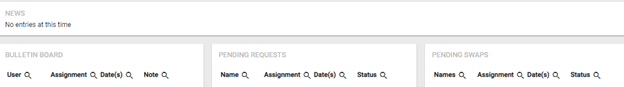 screenshot of news items, bulletin board, and pending swaps and requests