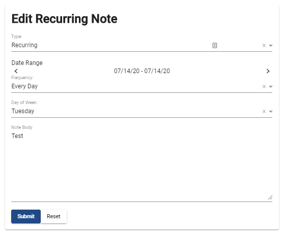 screenshot of edit recurring note box