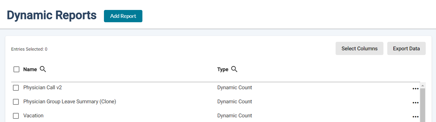 screenshot of dynamic reports page