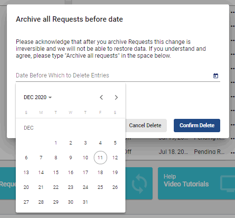 screenshot of selecting an archive date