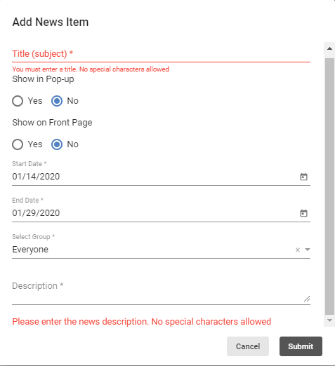 screenshot of add news item box