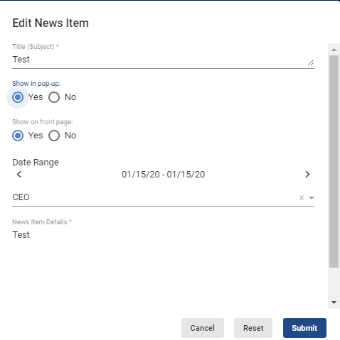screenshot of editing news items