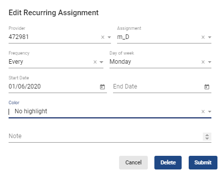 screenshot of edit recurring assignment box