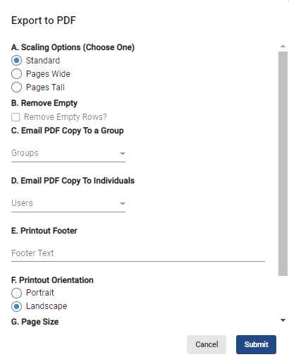 screenshot of export to pdf window
