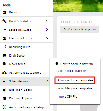 screenshot of download excel template options