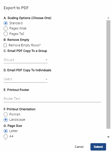 screenshot of export to pdf menu