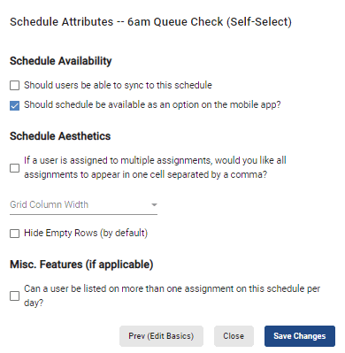 screenshot of schedule attributes