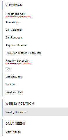 screenshot of schedules flyover menu
