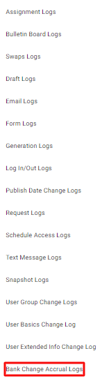 screenshot of bank change accrual logs menu item
