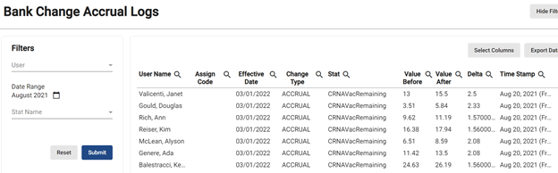 screenshot of bank change accrual logs