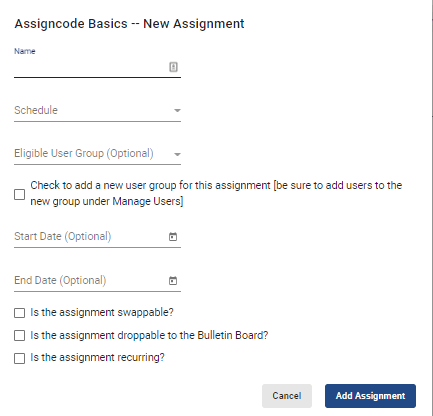 screenshot of new assignment pop-up box