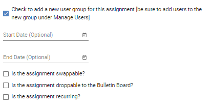 screenshot of assignment fields: start date, end date, more options