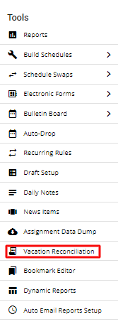 screenshot of vacation reconciliation option